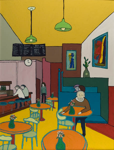 A colorful painting depicting the interior of a café with a warm, inviting atmosphere. Small tables with flower vases are scattered throughout the room, and patrons are seated, engaged in quiet activities. A menu board and clock are visible on the wall, along with framed artwork and a green light fixture hanging from the ceiling. The scene captures a sense of calm and everyday life.