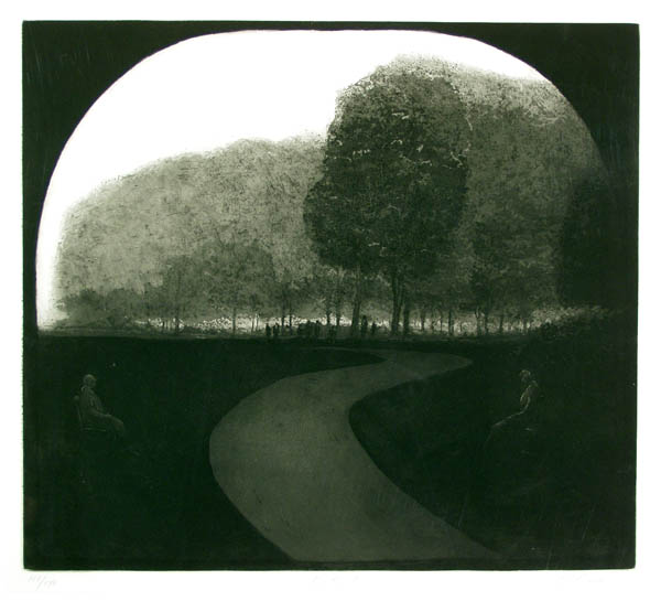 A monochromatic landscape depicting a serene park scene with a winding path leading into the distance. Tall trees and soft, textured foliage frame the background, while two faint figures are seated on opposite sides of the path in the foreground. The image has an arched vignette effect, adding a dreamlike quality to the composition.