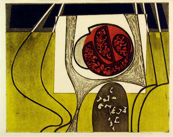 An abstract artwork featuring geometric shapes and organic lines. The composition includes a dominant circular form in red with intricate patterns, framed by tree-like structures in black and white. The background is divided into yellow and green sections with bold black lines creating a dynamic flow.
